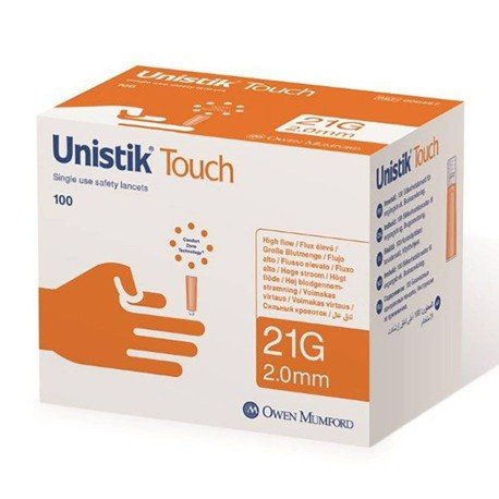 UniStik Touch 21G, 2.0 mm safety lancet. 100 pcs.