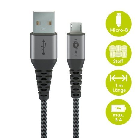 USB-A 2.0 to Micro USB charging and data cable, textile, black/gray, 1m